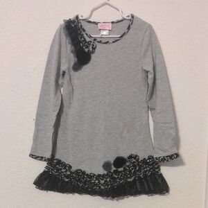 Happy Mermaid Girls Grey & Black Long Sleeve Dress W/ Tulle & Ruffles. Size 6